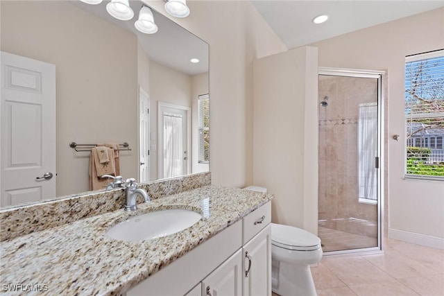 full bath featuring toilet, a stall shower, recessed lighting, tile patterned flooring, and vanity