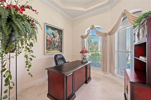 home office featuring a tray ceiling, baseboards, ornamental molding, and light tile patterned flooring