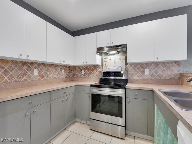 kitchen with stainless steel range with electric stovetop, under cabinet range hood, a sink, backsplash, and white dishwasher