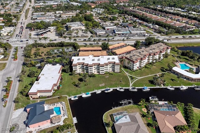 bird's eye view with a water view