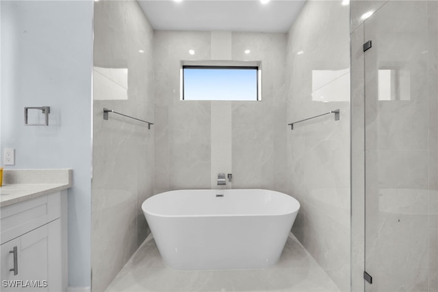 bathroom with vanity, tile walls, a stall shower, and a freestanding bath