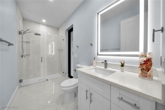 bathroom featuring vanity, toilet, recessed lighting, and a stall shower