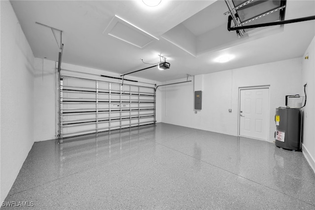 garage featuring electric panel, a garage door opener, and water heater