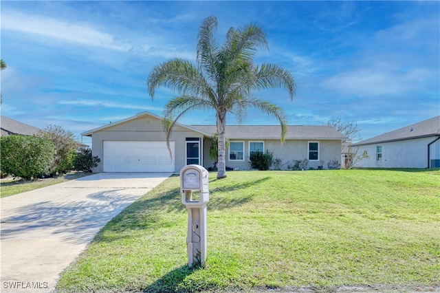 single story home with a garage, a front yard, driveway, and stucco siding