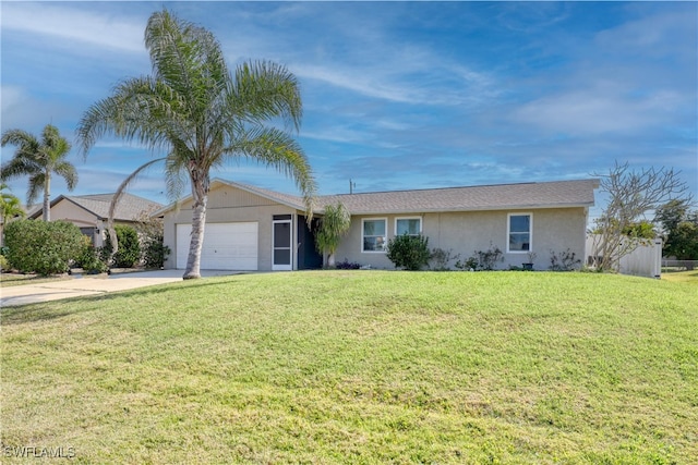 single story home with concrete driveway, a front lawn, a garage, and stucco siding