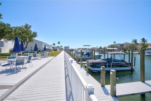 view of dock with a water view and a residential view