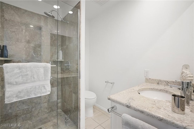 bathroom with tile patterned flooring, toilet, vanity, and a stall shower