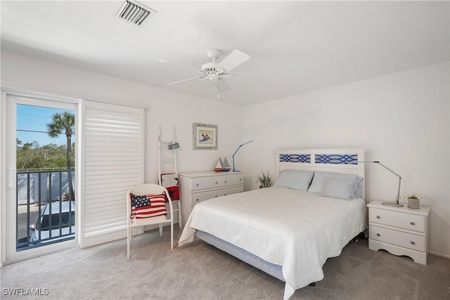 bedroom featuring ceiling fan, visible vents, carpet floors, and access to exterior