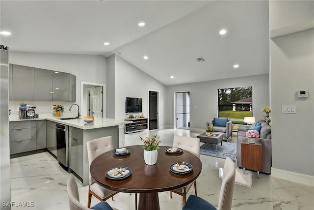 dining space with recessed lighting, visible vents, marble finish floor, and lofted ceiling