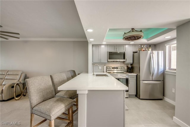 kitchen featuring a breakfast bar, a tray ceiling, gray cabinets, stainless steel appliances, and light countertops