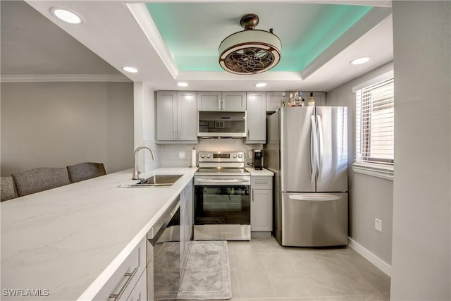 kitchen featuring gray cabinetry, light countertops, stainless steel appliances, a raised ceiling, and a sink