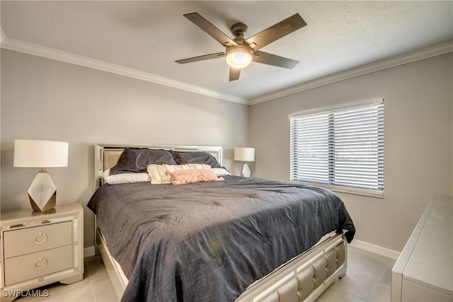 bedroom with light tile patterned floors, baseboards, ornamental molding, and a ceiling fan