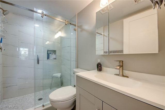 bathroom with a marble finish shower, visible vents, toilet, and vanity