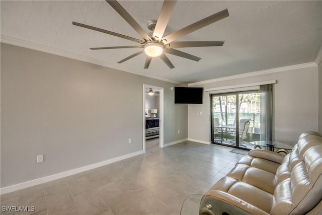 unfurnished living room with light tile patterned floors, ceiling fan, crown molding, and baseboards