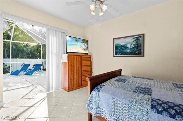 bedroom with light tile patterned floors, access to exterior, and a ceiling fan