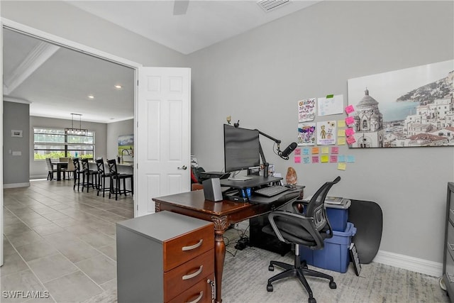 office with light tile patterned floors and baseboards