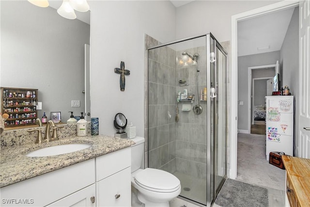 bathroom featuring vanity, a shower stall, and toilet