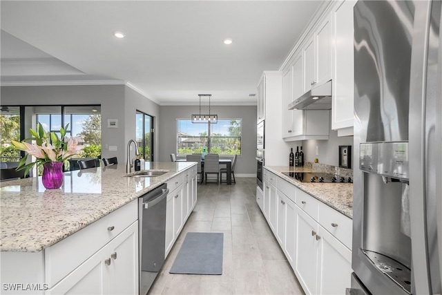 kitchen with under cabinet range hood, ornamental molding, white cabinets, stainless steel appliances, and a sink