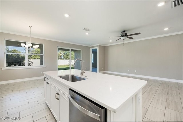 kitchen with visible vents, dishwasher, light countertops, ceiling fan with notable chandelier, and a sink