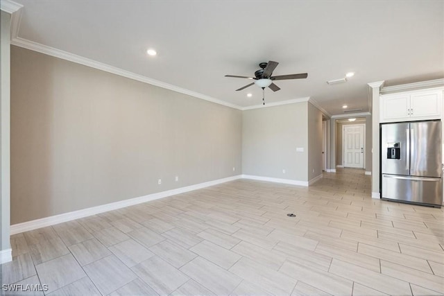 interior space with visible vents, ornamental molding, a ceiling fan, recessed lighting, and baseboards