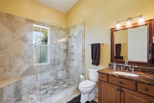 bathroom featuring tiled shower, toilet, and vanity