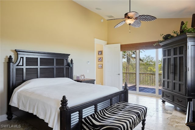 bedroom featuring ceiling fan and access to outside