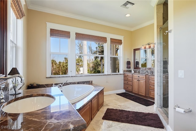 full bath featuring crown molding, a healthy amount of sunlight, and visible vents