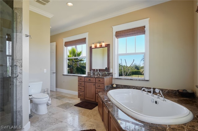 bathroom featuring a shower stall, toilet, a garden tub, ornamental molding, and vanity