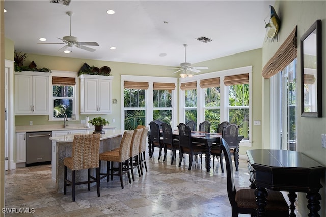 dining space with recessed lighting, visible vents, and a ceiling fan