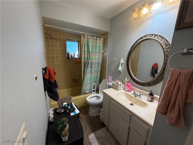 full bath featuring vanity, shower / bath combination with curtain, toilet, and wood finished floors