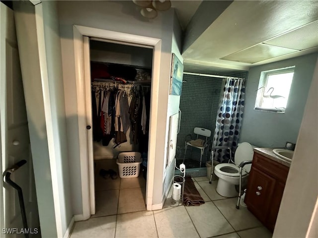 bathroom with vanity, a stall shower, a spacious closet, tile patterned floors, and toilet