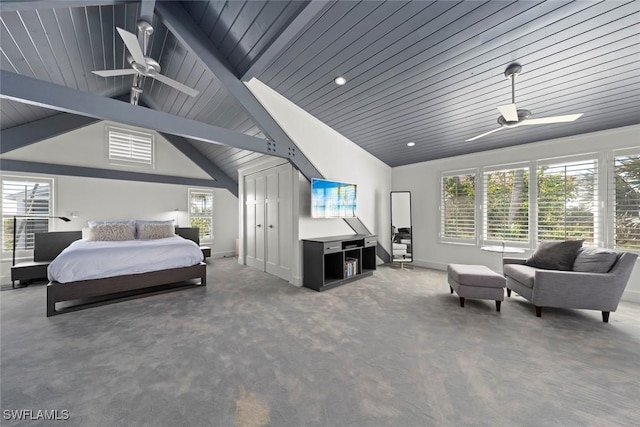 16886 Captiva Dr, Captiva, FL 33924 - carpeted bedroom featuring wood ceiling, vaulted ceiling with beams, and baseboards