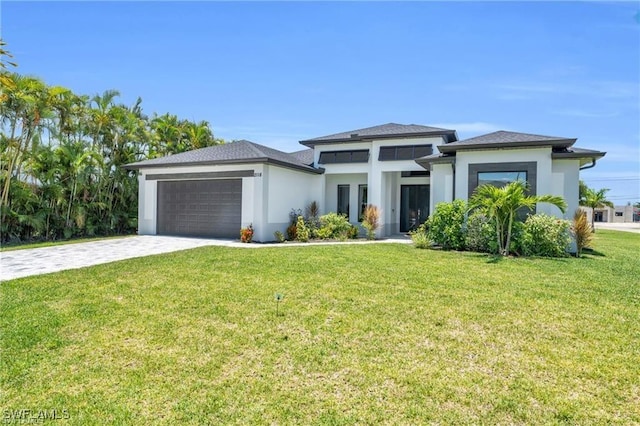 prairie-style home with decorative driveway, a front yard, an attached garage, and stucco siding