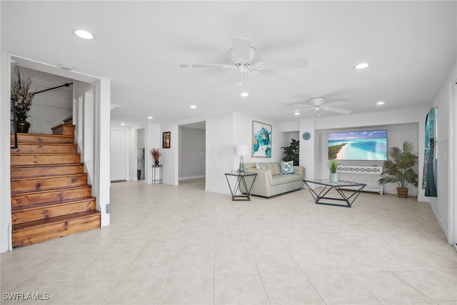 living room featuring light tile patterned floors, stairway, recessed lighting, and a ceiling fan