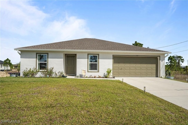 ranch-style home with concrete driveway, a front lawn, and stucco siding