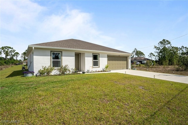 single story home with a shingled roof, a front lawn, concrete driveway, stucco siding, and a garage