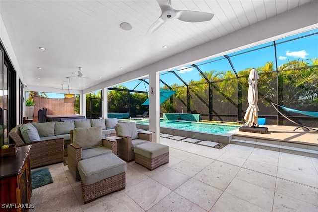 view of patio / terrace featuring an outdoor pool, glass enclosure, an outdoor hangout area, and ceiling fan