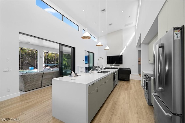 kitchen with a sink, light wood-style floors, appliances with stainless steel finishes, and open floor plan