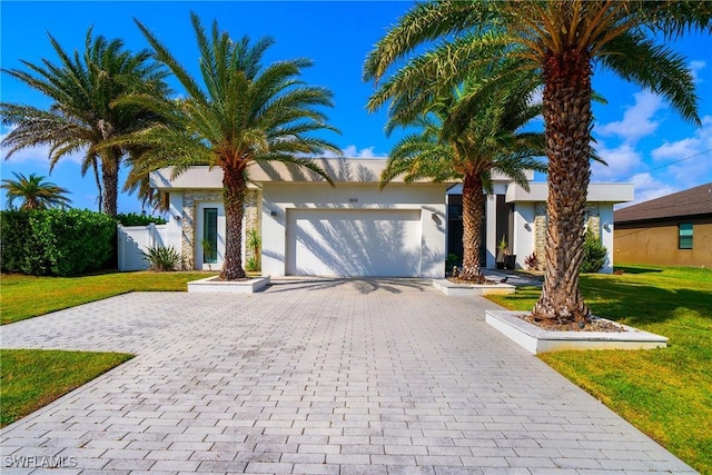 view of front of house with stucco siding, decorative driveway, fence, a front yard, and a garage