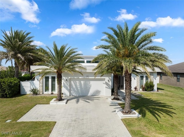 view of front of home featuring an attached garage, decorative driveway, a front yard, and fence