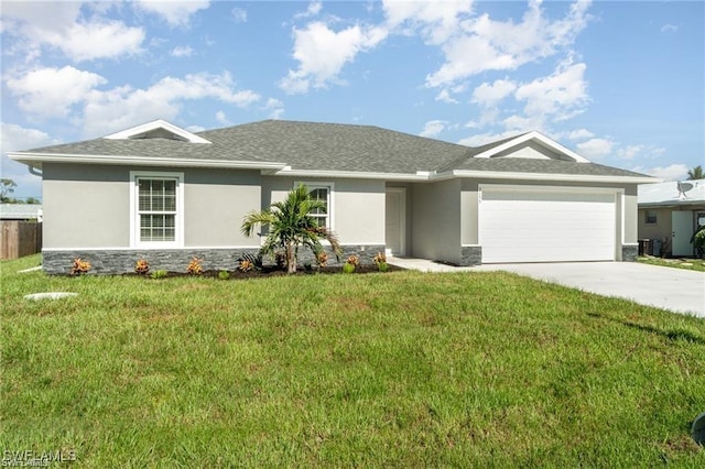 view of front of house featuring stone siding, stucco siding, an attached garage, and a front yard