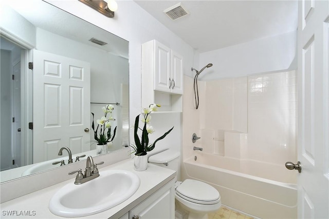 bathroom with vanity, bathing tub / shower combination, toilet, and visible vents