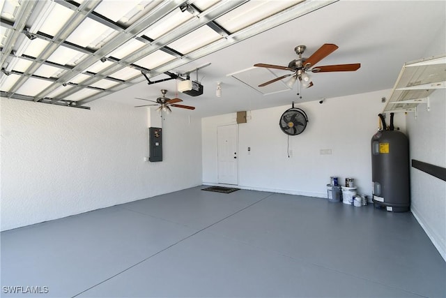 garage featuring electric panel, a garage door opener, a ceiling fan, and water heater