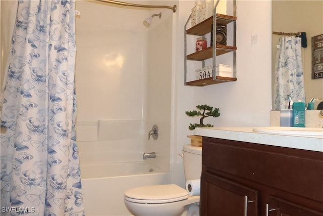 full bath with toilet, vanity, and shower / bath combination with curtain