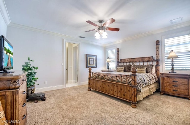 bedroom with crown molding, carpet, visible vents, and baseboards