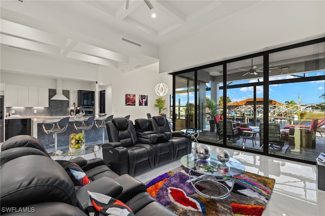 3303 NW 14th St, Cape Coral, FL 33993 - living room featuring a ceiling fan, coffered ceiling, a towering ceiling, beamed ceiling, and marble finish floor