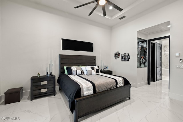 bedroom with visible vents, baseboards, marble finish floor, and attic access