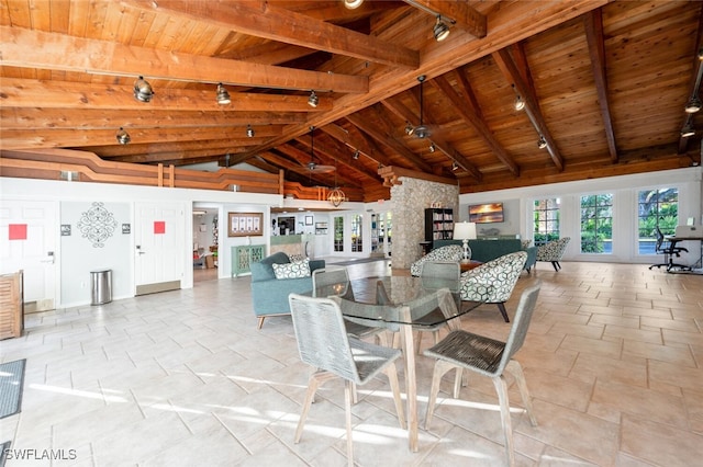 dining room featuring lofted ceiling with beams, wood ceiling, and track lighting