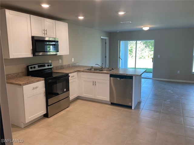 kitchen with a peninsula, white cabinets, appliances with stainless steel finishes, and a sink