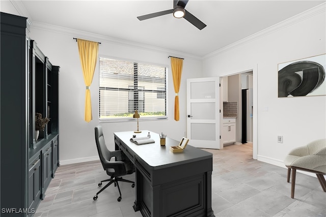 office area with a ceiling fan, baseboards, and ornamental molding
